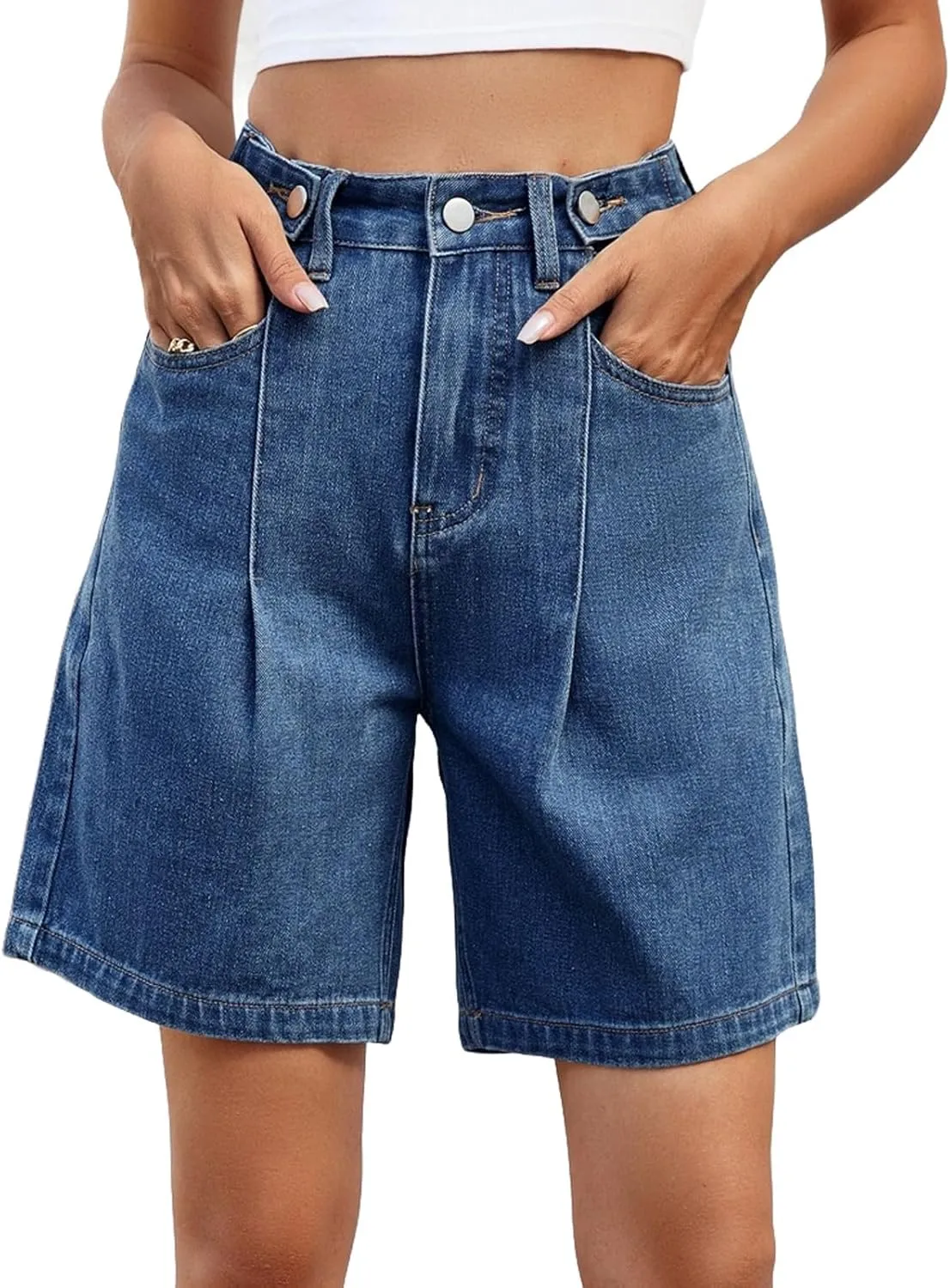 High Waisted Shorts Women Denim Black - Bermuda Mid-Rise Butt Lift Summer Long Denim 5 Inch Inseam with Multi Pockets