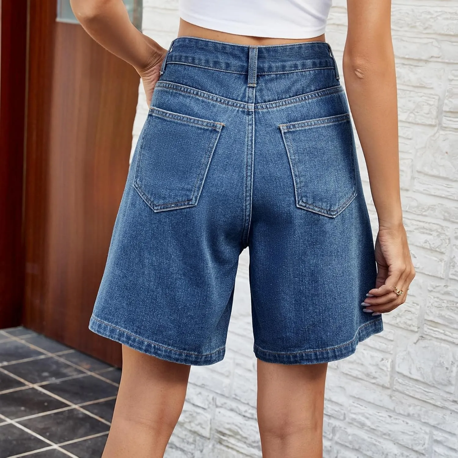 High Waisted Shorts Women Denim Black - Bermuda Mid-Rise Butt Lift Summer Long Denim 5 Inch Inseam with Multi Pockets