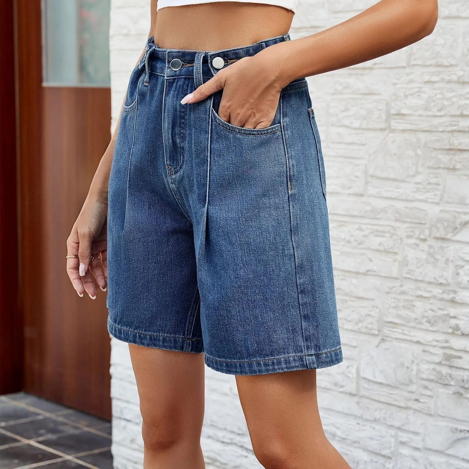 High Waisted Shorts Women Denim Black - Bermuda Mid-Rise Butt Lift Summer Long Denim 5 Inch Inseam with Multi Pockets