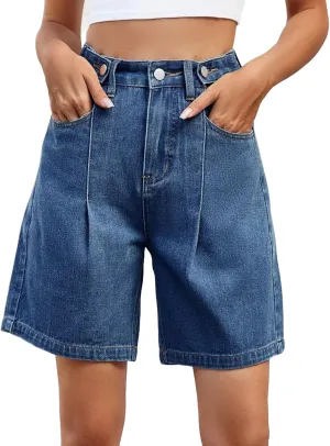 High Waisted Shorts Women Denim Black - Bermuda Mid-Rise Butt Lift Summer Long Denim 5 Inch Inseam with Multi Pockets
