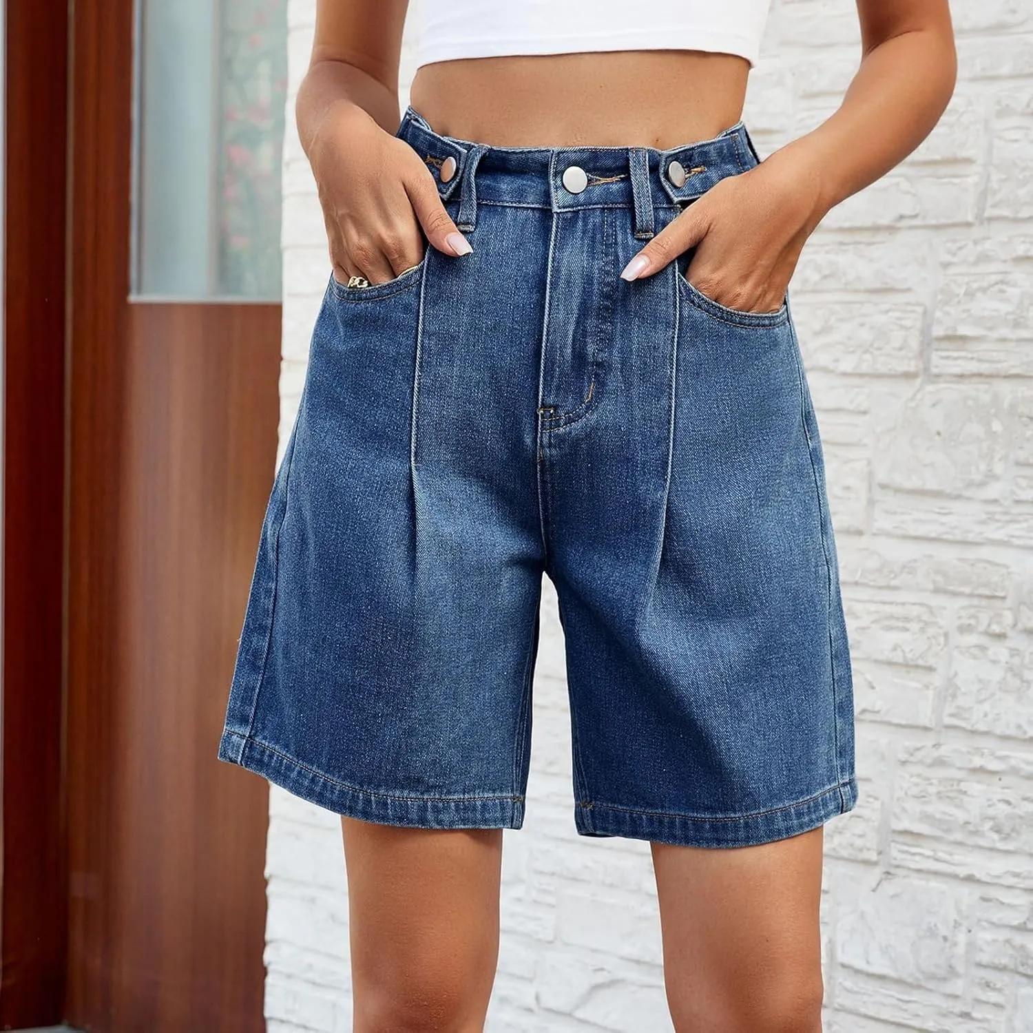 High Waisted Shorts Women Denim Black - Bermuda Mid-Rise Butt Lift Summer Long Denim 5 Inch Inseam with Multi Pockets