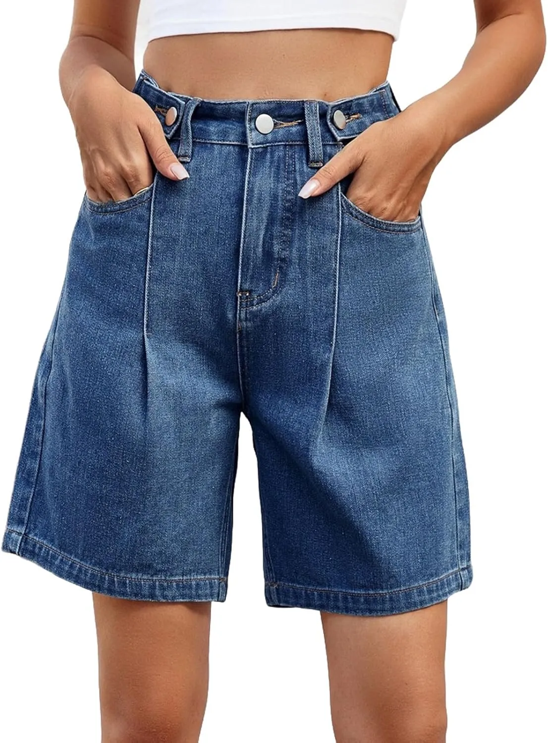 High Waisted Shorts Women Denim Black - Bermuda Mid-Rise Butt Lift Summer Long Denim 5 Inch Inseam with Multi Pockets