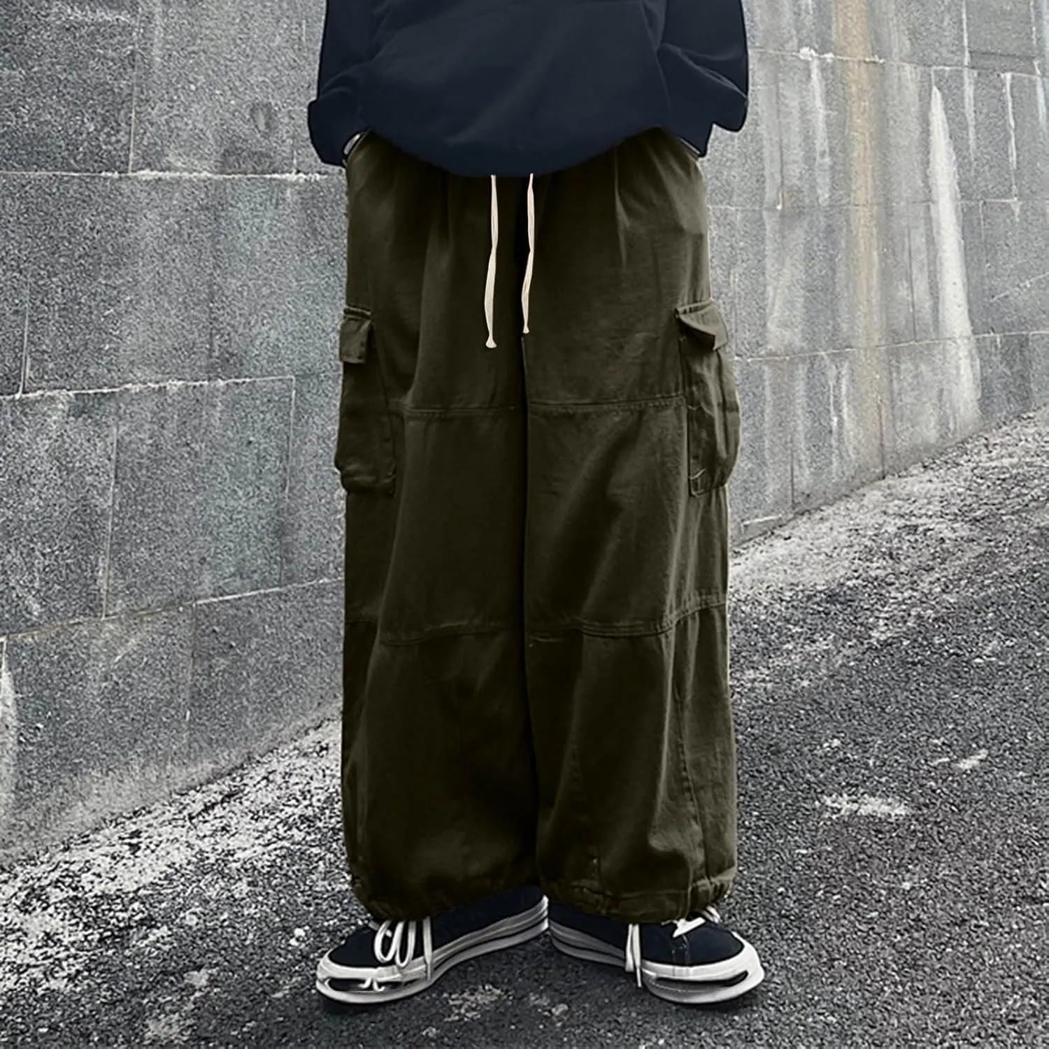 Hiking Pants Male Solid Color Multi Pocket Trousers Tether Athletic Loose Cargo Pants