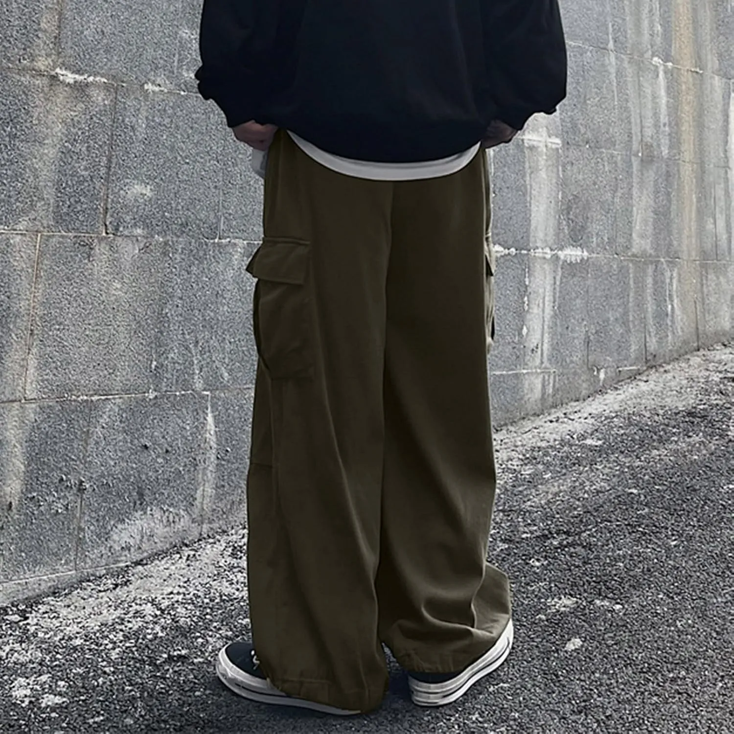 Hiking Pants Male Solid Color Multi Pocket Trousers Tether Athletic Loose Cargo Pants