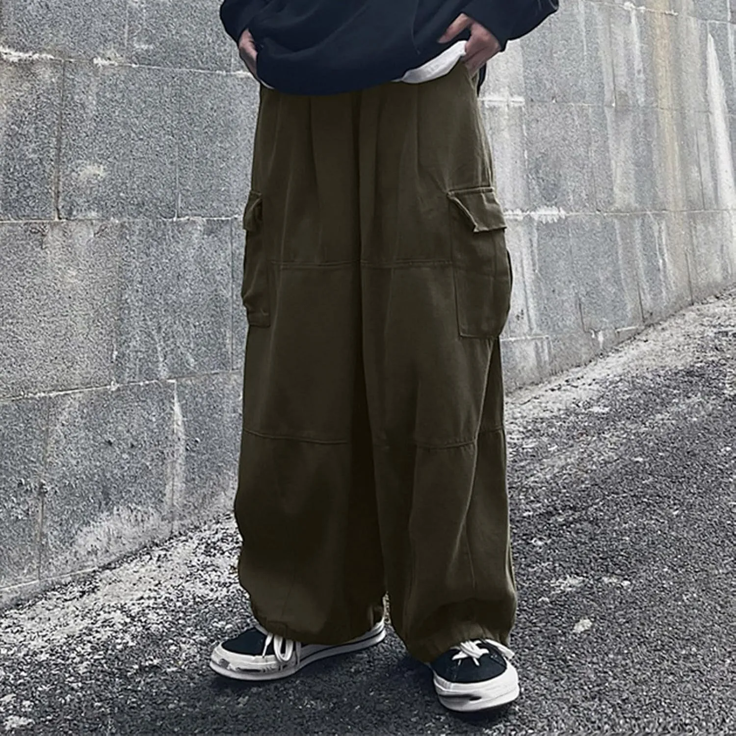 Hiking Pants Male Solid Color Multi Pocket Trousers Tether Athletic Loose Cargo Pants