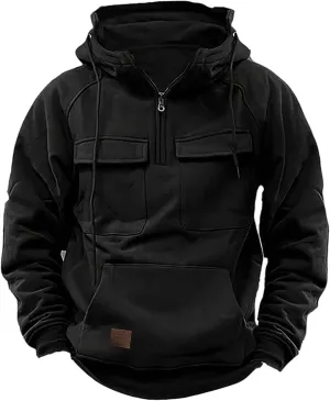 Hoodies For Men Quarter Zip Tactical Sweatshirts Fall Winter Casual Long Sleeve Workout Pullover Outdoor Cargo Jackets