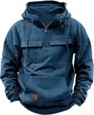 Hoodies For Men Quarter Zip Tactical Sweatshirts Fall Winter Casual Long Sleeve Workout Pullover Outdoor Cargo Jackets