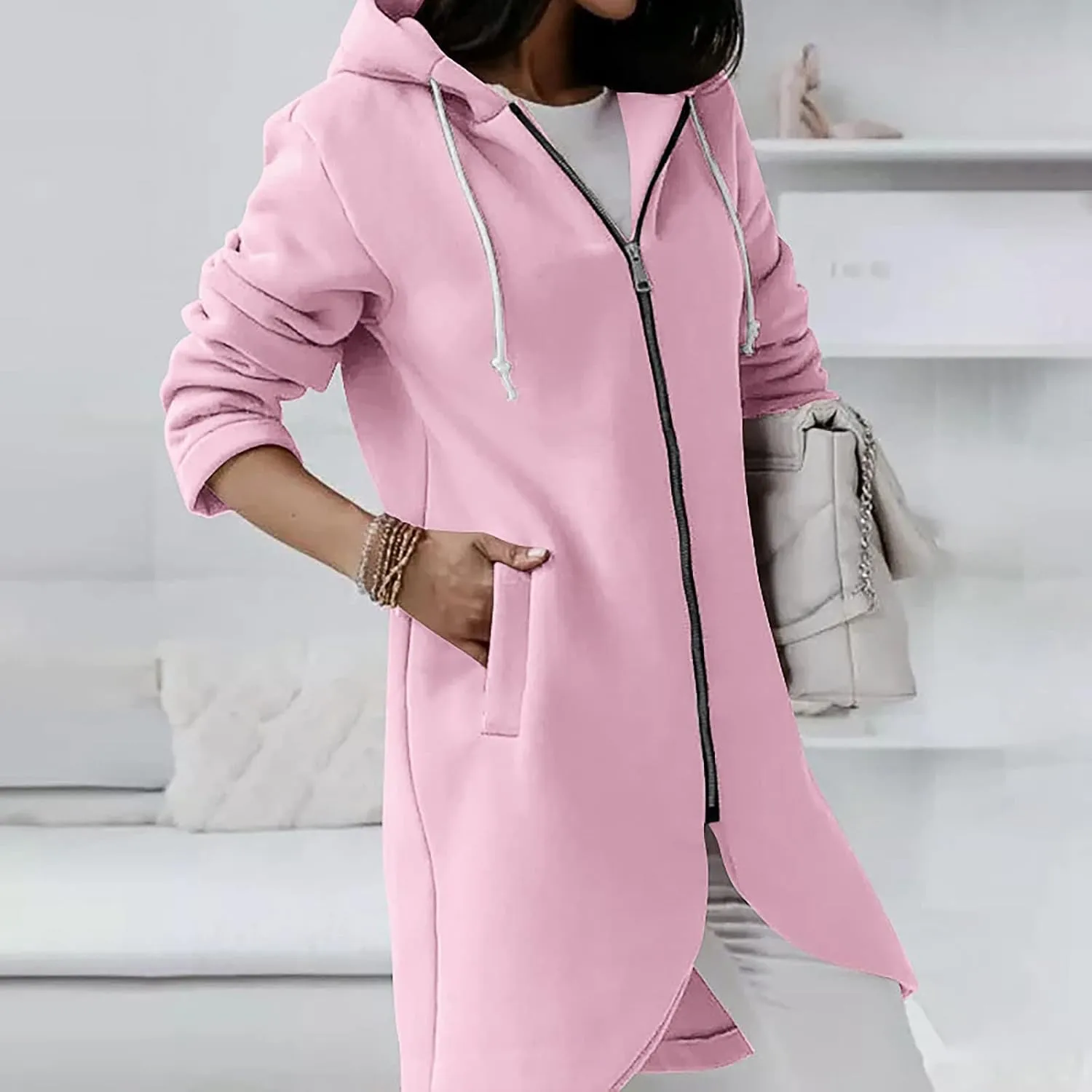 Hoodies for Women Zip up Knee Length Long Hoodies Casual Loose Solid Hooded Jackets Oversized Sweatshirts with Pocket