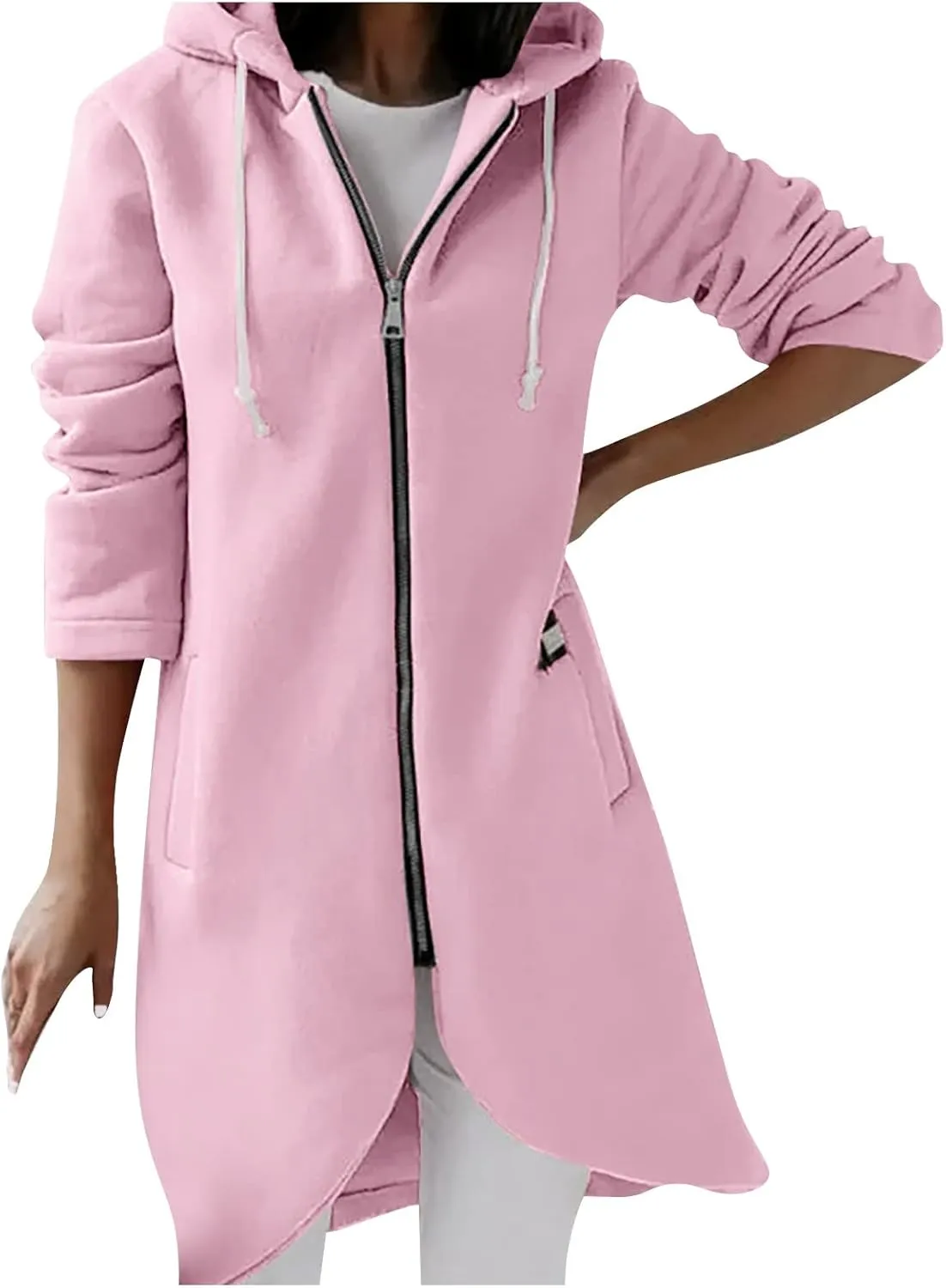 Hoodies for Women Zip up Knee Length Long Hoodies Casual Loose Solid Hooded Jackets Oversized Sweatshirts with Pocket