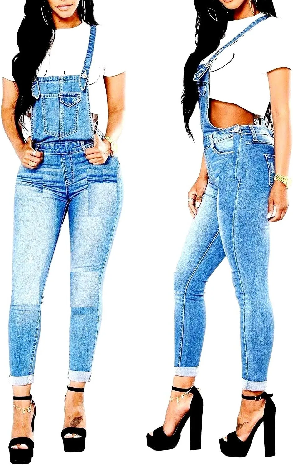Jack David Wax Jeans Women's Plus Size Overall Shorts Curvy Distressed Denim Jeans Skinny Overalls