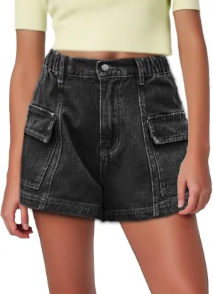 Jean Cargo Shorts for Women Baggy Front Button Lightweight Denim Shorts Stretch Sexy Vacation Travel Hiking Short