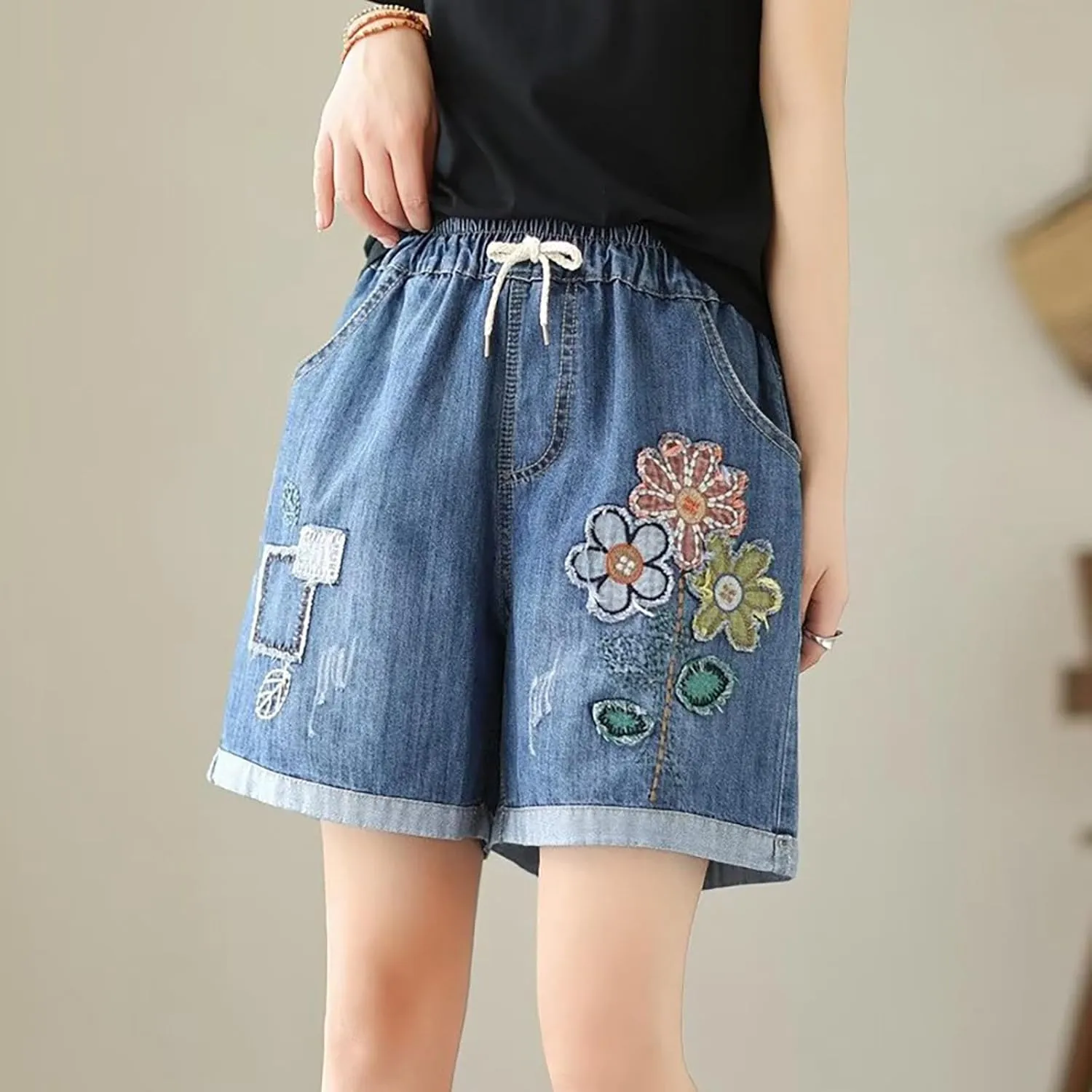 Jean Shorts Womens Elastic High Waisted Denim Bermuda Shorts Baggy Plus Size Embroidery Long Jeans Jorts with Pocket