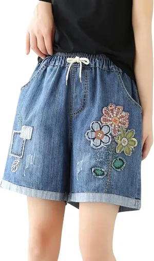 Jean Shorts Womens Elastic High Waisted Denim Bermuda Shorts Baggy Plus Size Embroidery Long Jeans Jorts with Pocket