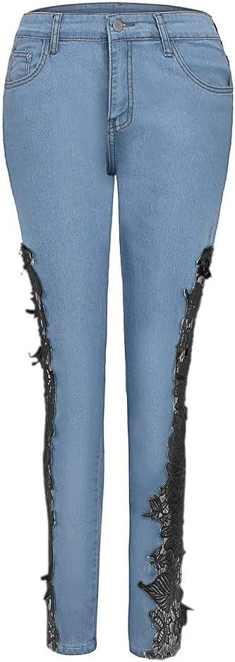 Jeans for Women Sexy Lace Hollow Out Floral Jeans Ultra Low Waist Appliques Skinny Jean Fashion Trendy Denim Pants
