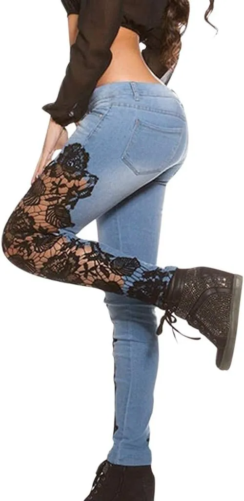 Jeans for Women Sexy Lace Hollow Out Floral Jeans Ultra Low Waist Appliques Skinny Jean Fashion Trendy Denim Pants
