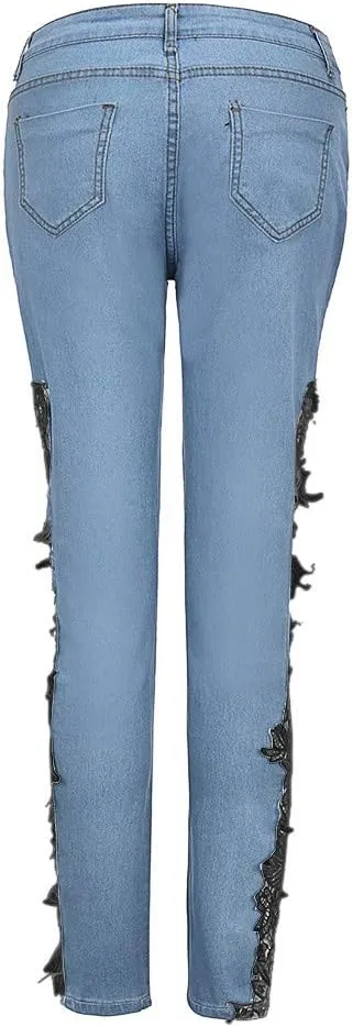 Jeans for Women Sexy Lace Hollow Out Floral Jeans Ultra Low Waist Appliques Skinny Jean Fashion Trendy Denim Pants