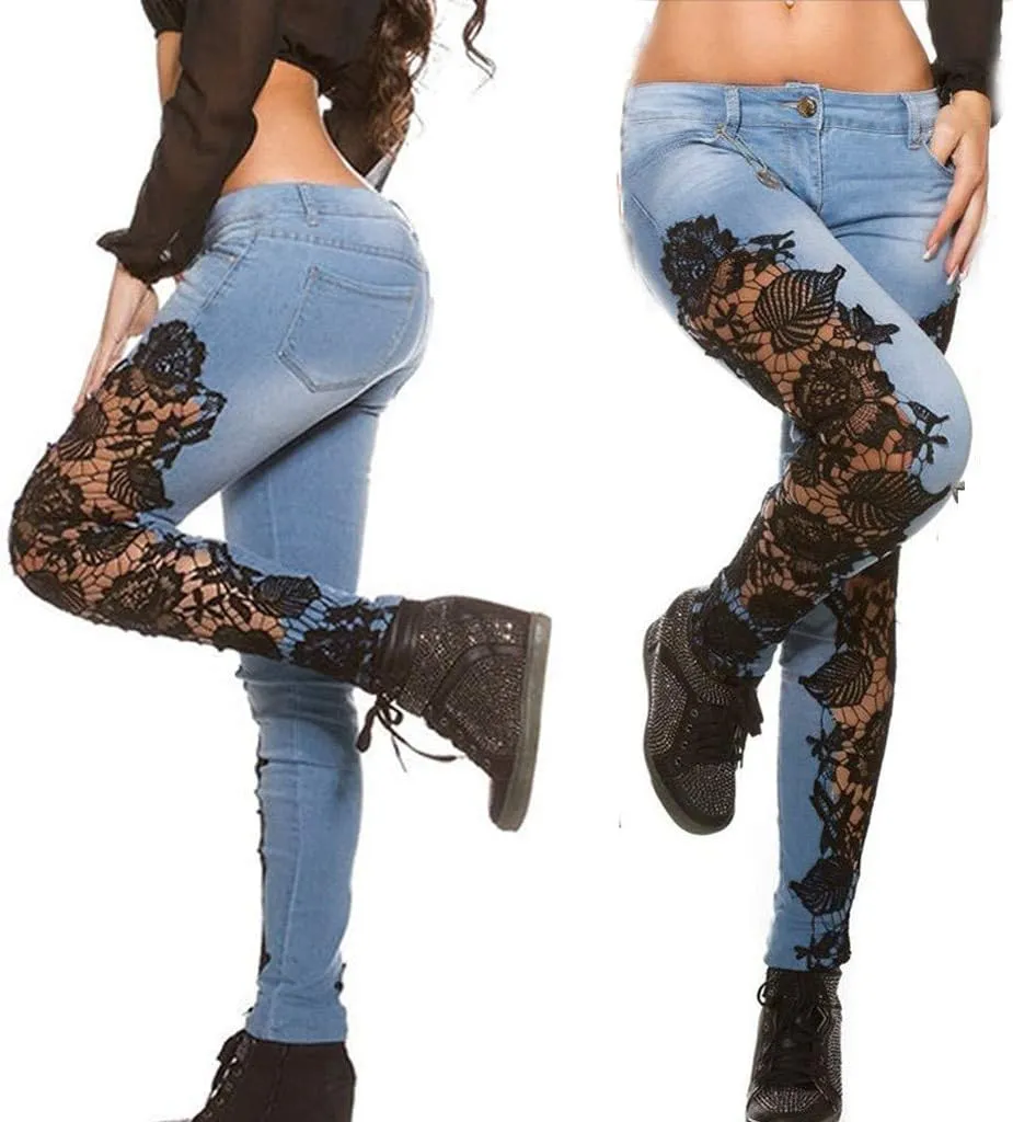Jeans for Women Sexy Lace Hollow Out Floral Jeans Ultra Low Waist Appliques Skinny Jean Fashion Trendy Denim Pants