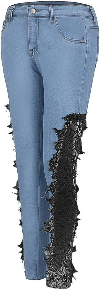 Jeans for Women Sexy Lace Hollow Out Floral Jeans Ultra Low Waist Appliques Skinny Jean Fashion Trendy Denim Pants