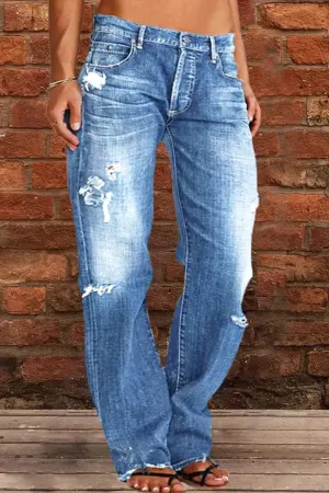 Jeans for Women Trendy Distressed Baggy Boyfriend Mid Rise Jeans Loose Straight Wide Leg Denim Pants with Pocket