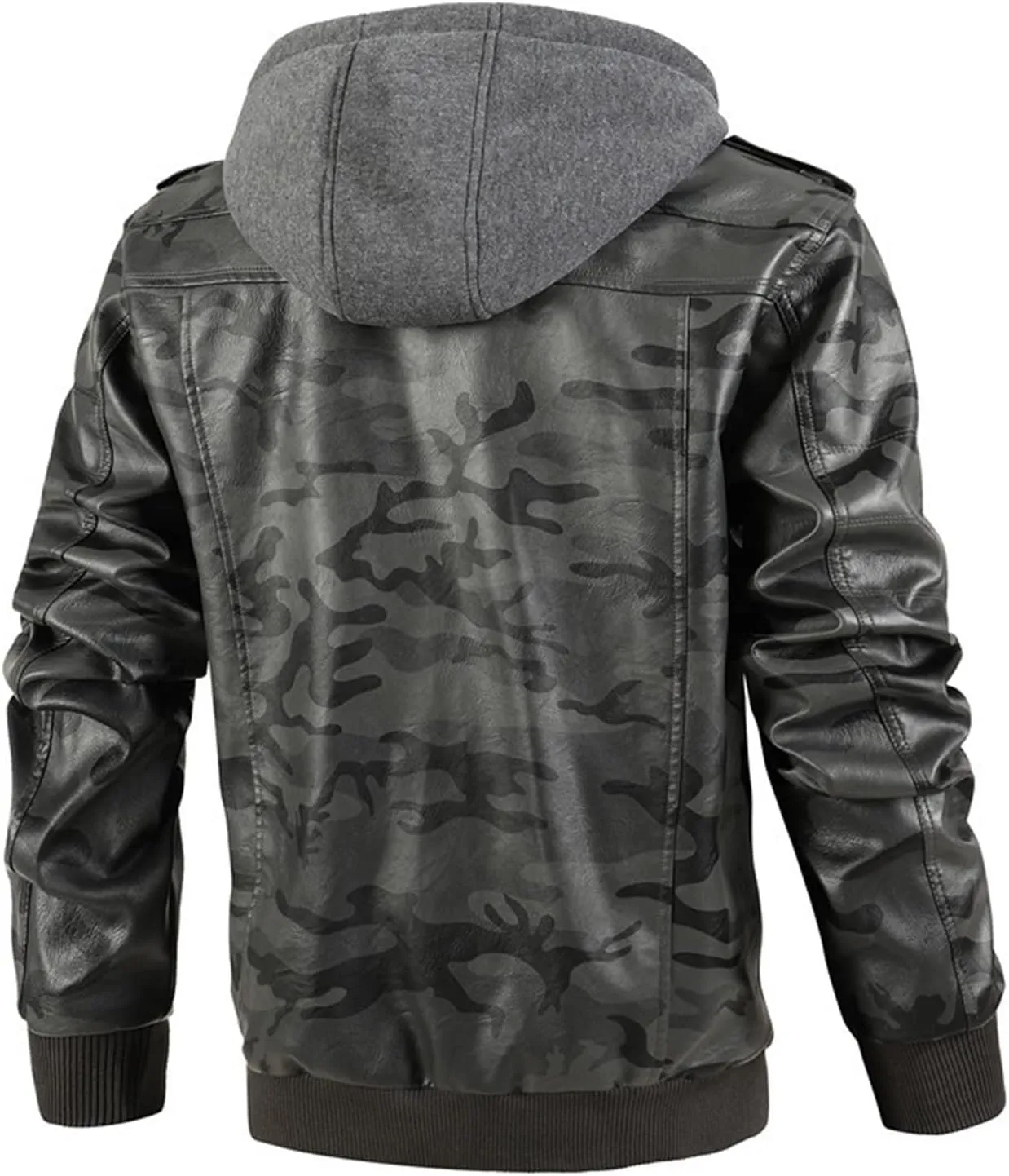 JEsilunmaMY Men's Camo Hoodie Leather Jackets Slim Fit Zip Up Military Outdoor Bomber Jacket Multi-Pocket Moto Biker Coat