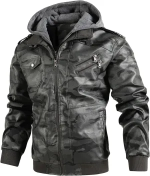 JEsilunmaMY Men's Camo Hoodie Leather Jackets Slim Fit Zip Up Military Outdoor Bomber Jacket Multi-Pocket Moto Biker Coat