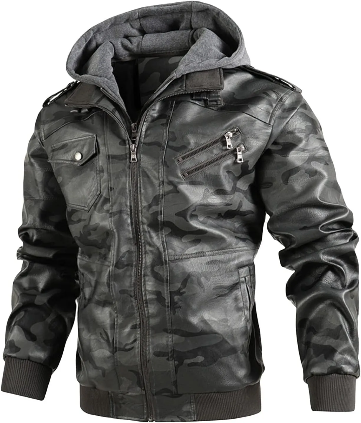 JEsilunmaMY Men's Camo Hoodie Leather Jackets Slim Fit Zip Up Military Outdoor Bomber Jacket Multi-Pocket Moto Biker Coat