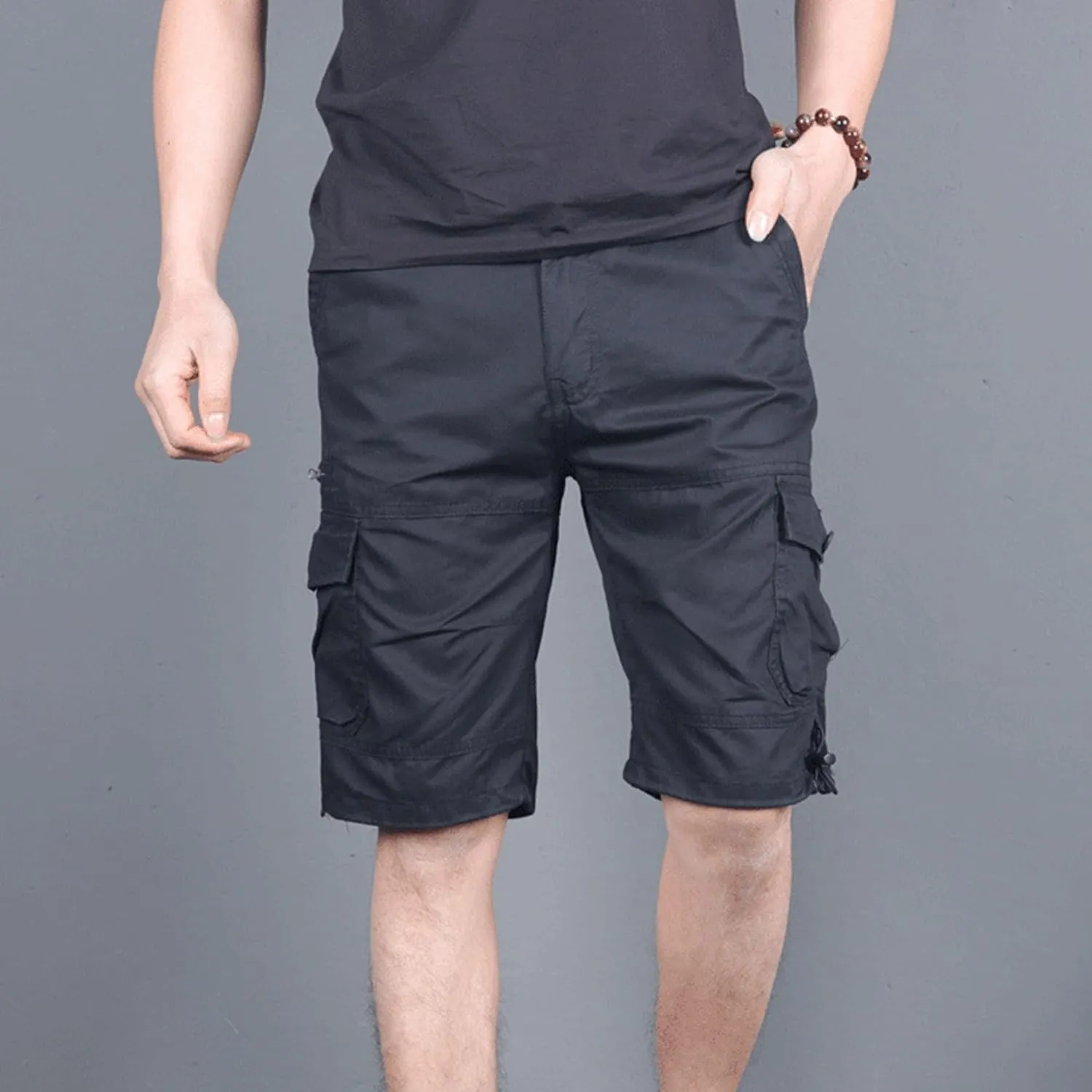JEsilunmaMY Men's Elastic Waist Casual Cargo Shorts Multi-Pockets Summer Beach Shorts Relaxed Fit Working Cotton Shorts