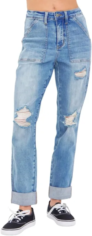 Judy Blue High Rise Patch Pocket Distressed Boyfriend Jeans