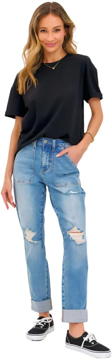 Judy Blue High Rise Patch Pocket Distressed Boyfriend Jeans