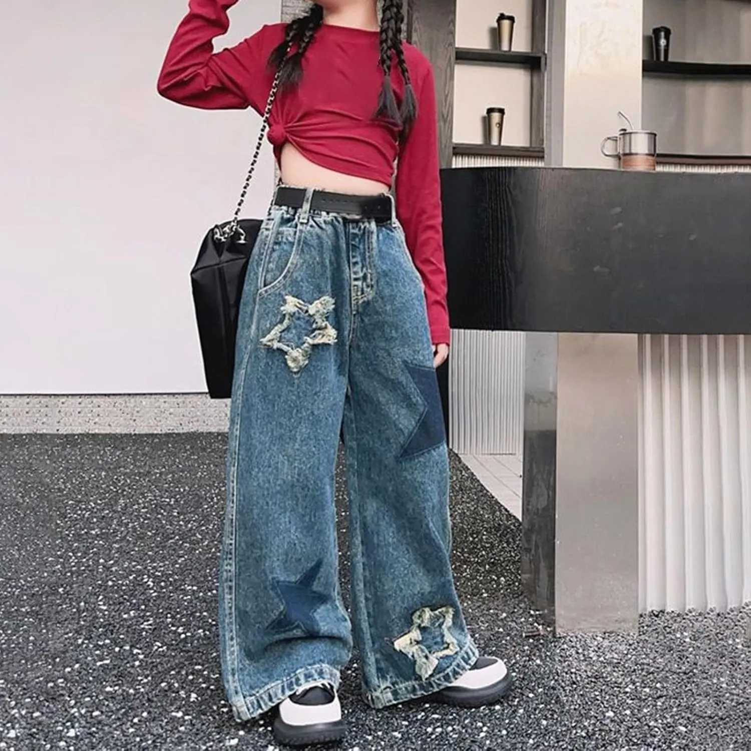 Kids Girls Baggy Ripped Denim Pants Cute Aesthetic Trendy High Waist Wide Leg Cargo Jeans Spring Teen Y2K Skinny