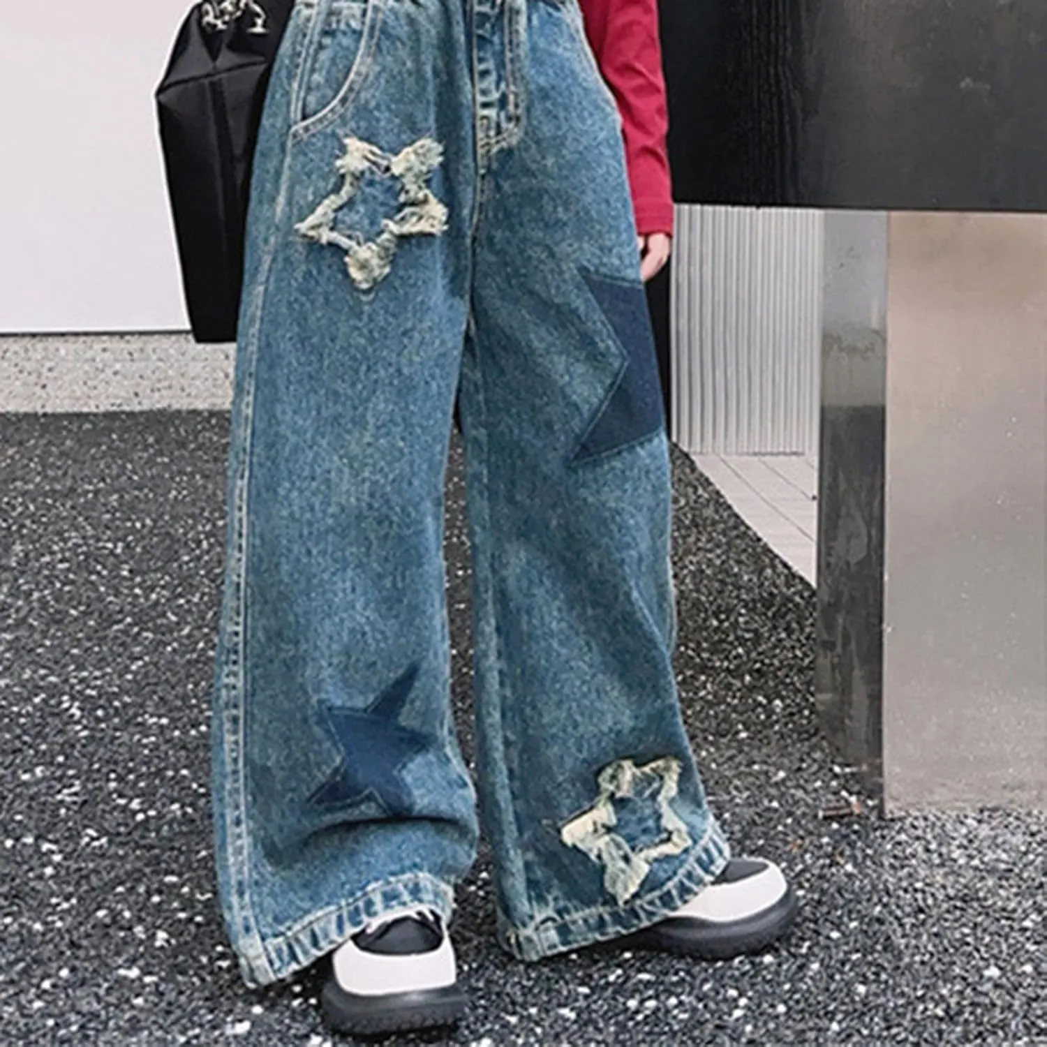 Kids Girls Baggy Ripped Denim Pants Cute Aesthetic Trendy High Waist Wide Leg Cargo Jeans Spring Teen Y2K Skinny