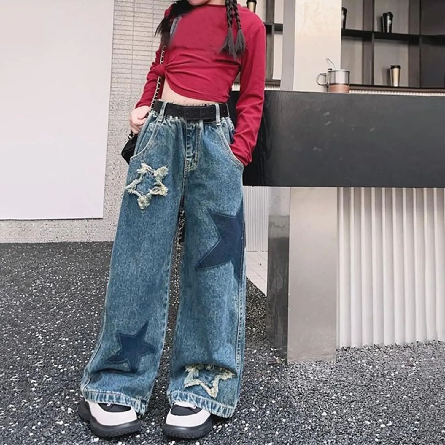 Kids Girls Baggy Ripped Denim Pants Cute Aesthetic Trendy High Waist Wide Leg Cargo Jeans Spring Teen Y2K Skinny