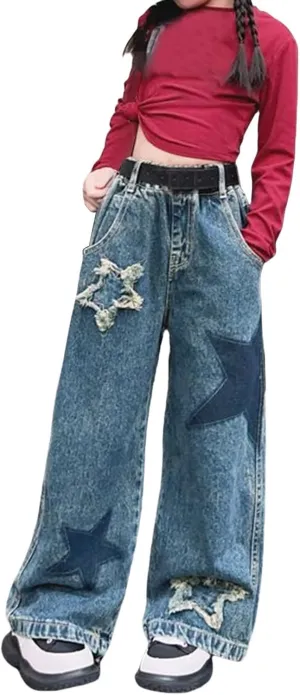 Kids Girls Baggy Ripped Denim Pants Cute Aesthetic Trendy High Waist Wide Leg Cargo Jeans Spring Teen Y2K Skinny