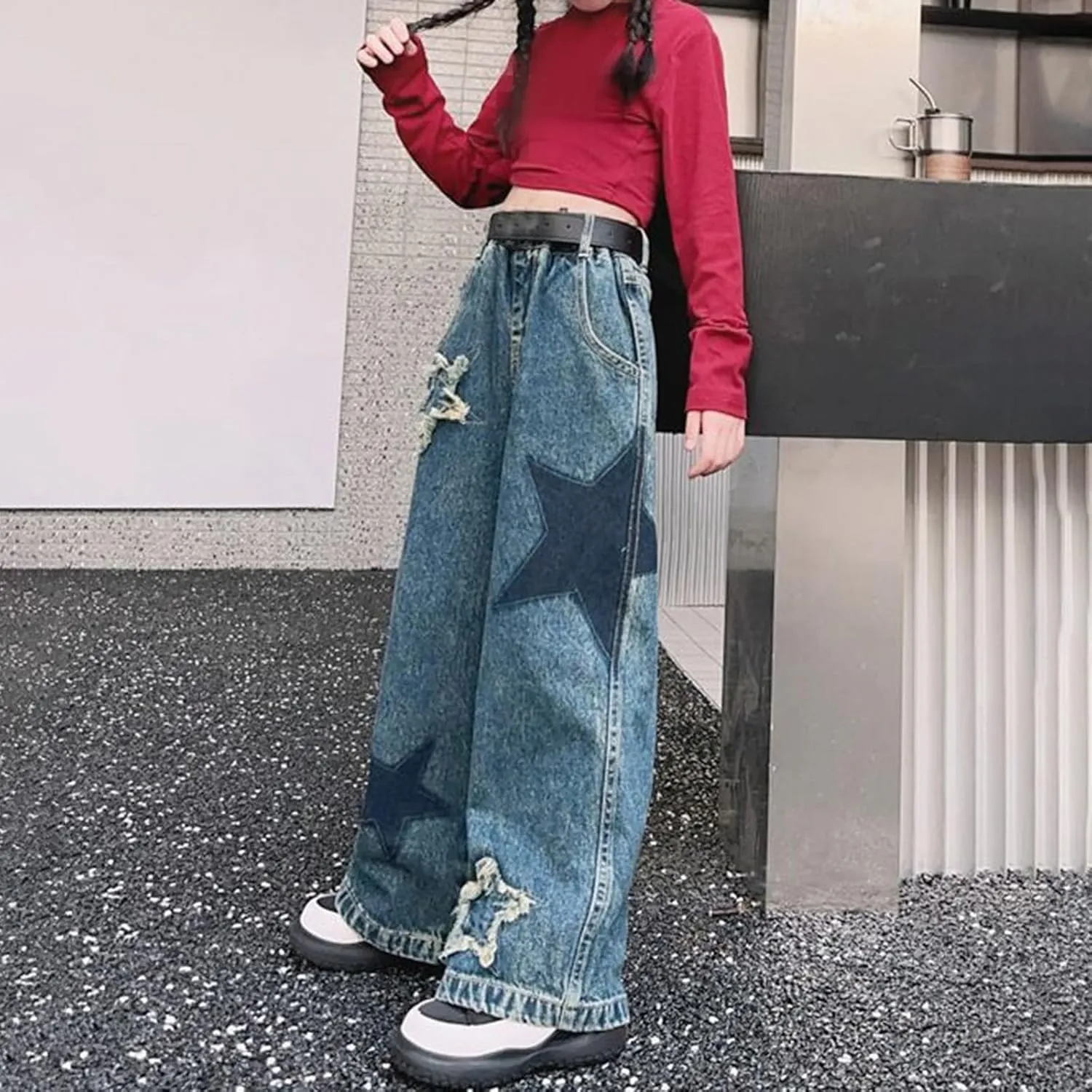 Kids Girls Baggy Ripped Denim Pants Cute Aesthetic Trendy High Waist Wide Leg Cargo Jeans Spring Teen Y2K Skinny