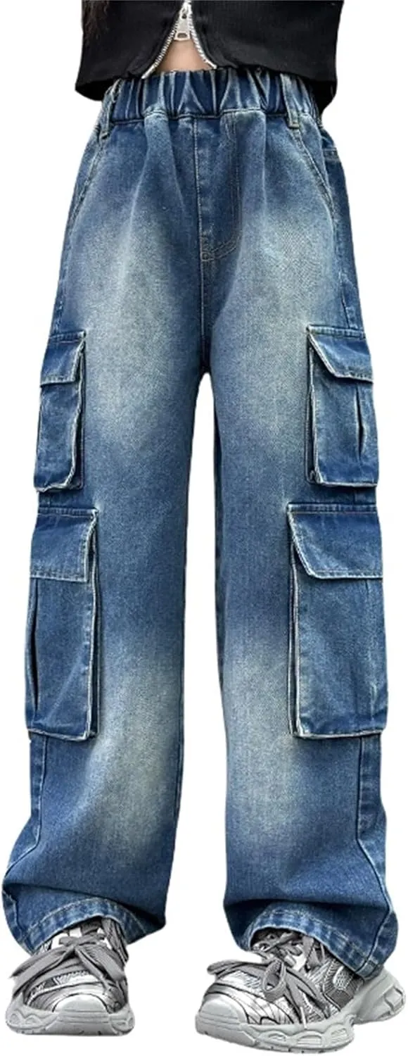 Kids Girls Ripped Baggy Jeans Y2K Aesthetic High Waist Wide Leg Cargo Denim Pants Spring Cute Teen Trendy Skinny