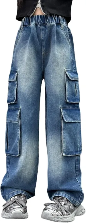 Kids Girls Ripped Baggy Jeans Y2K Aesthetic High Waist Wide Leg Cargo Denim Pants Spring Cute Teen Trendy Skinny