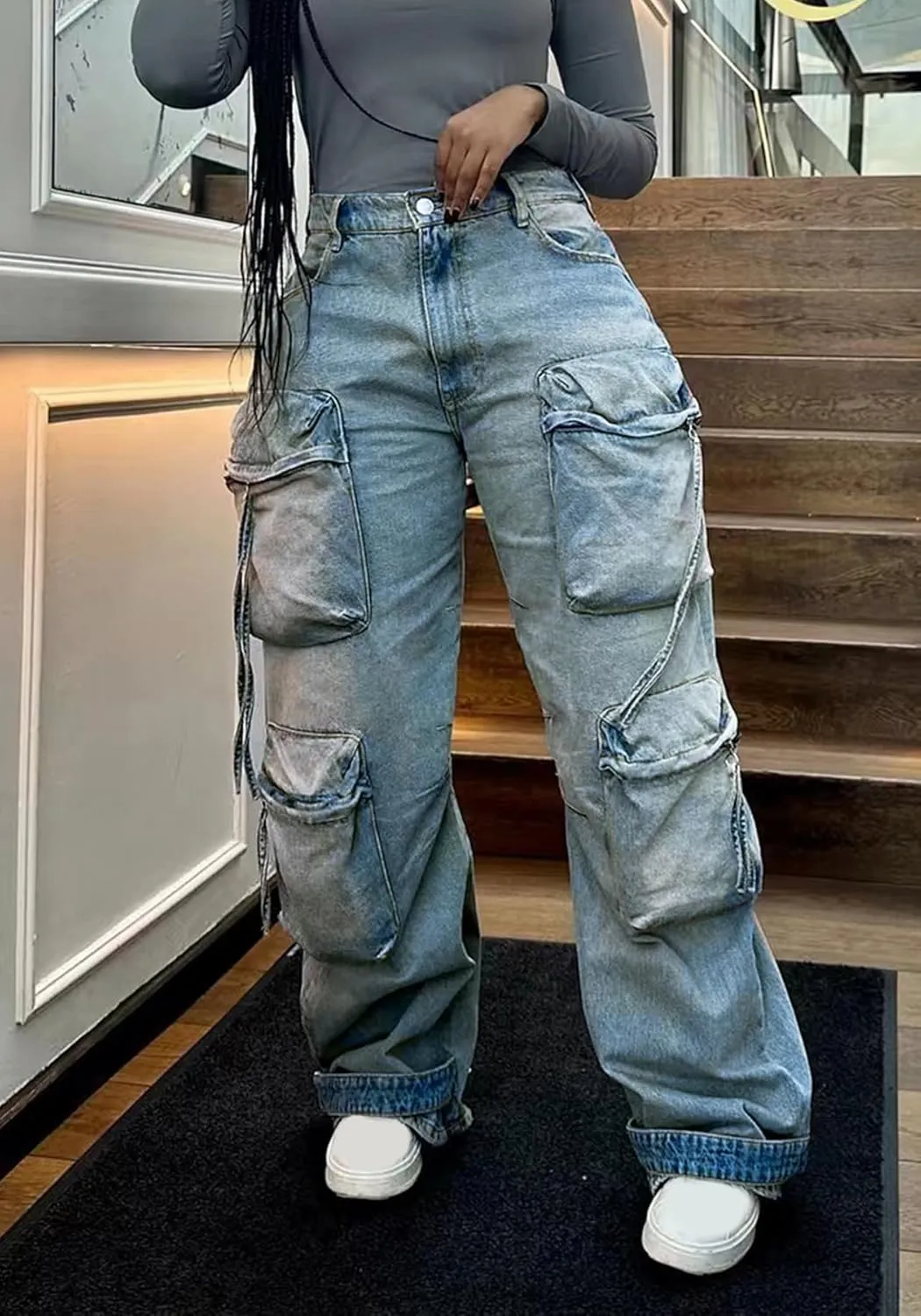 LAJIOJIO Baggy Cargo Jeans Women Y2K Distressed High Waisted Wide Straight Leg Denim Pants Trousers Streetwear