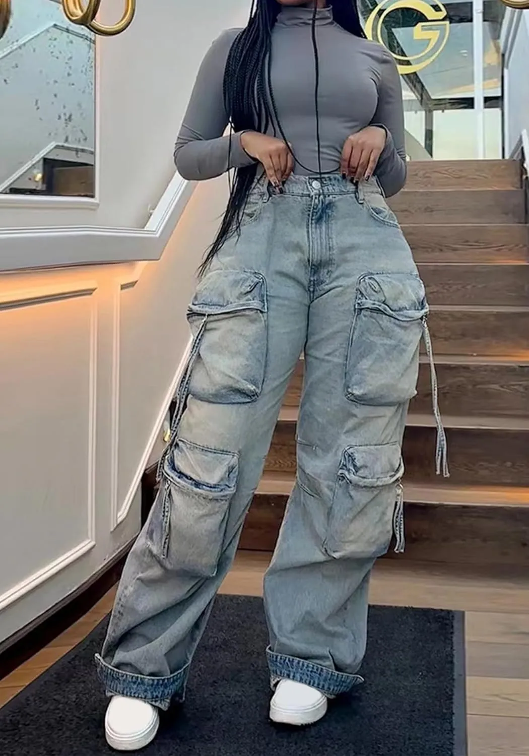 LAJIOJIO Baggy Cargo Jeans Women Y2K Distressed High Waisted Wide Straight Leg Denim Pants Trousers Streetwear