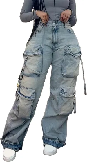 LAJIOJIO Baggy Cargo Jeans Women Y2K Distressed High Waisted Wide Straight Leg Denim Pants Trousers Streetwear