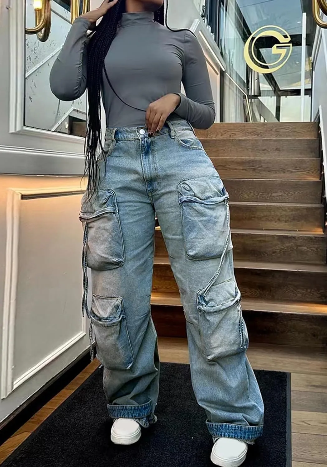 LAJIOJIO Baggy Cargo Jeans Women Y2K Distressed High Waisted Wide Straight Leg Denim Pants Trousers Streetwear