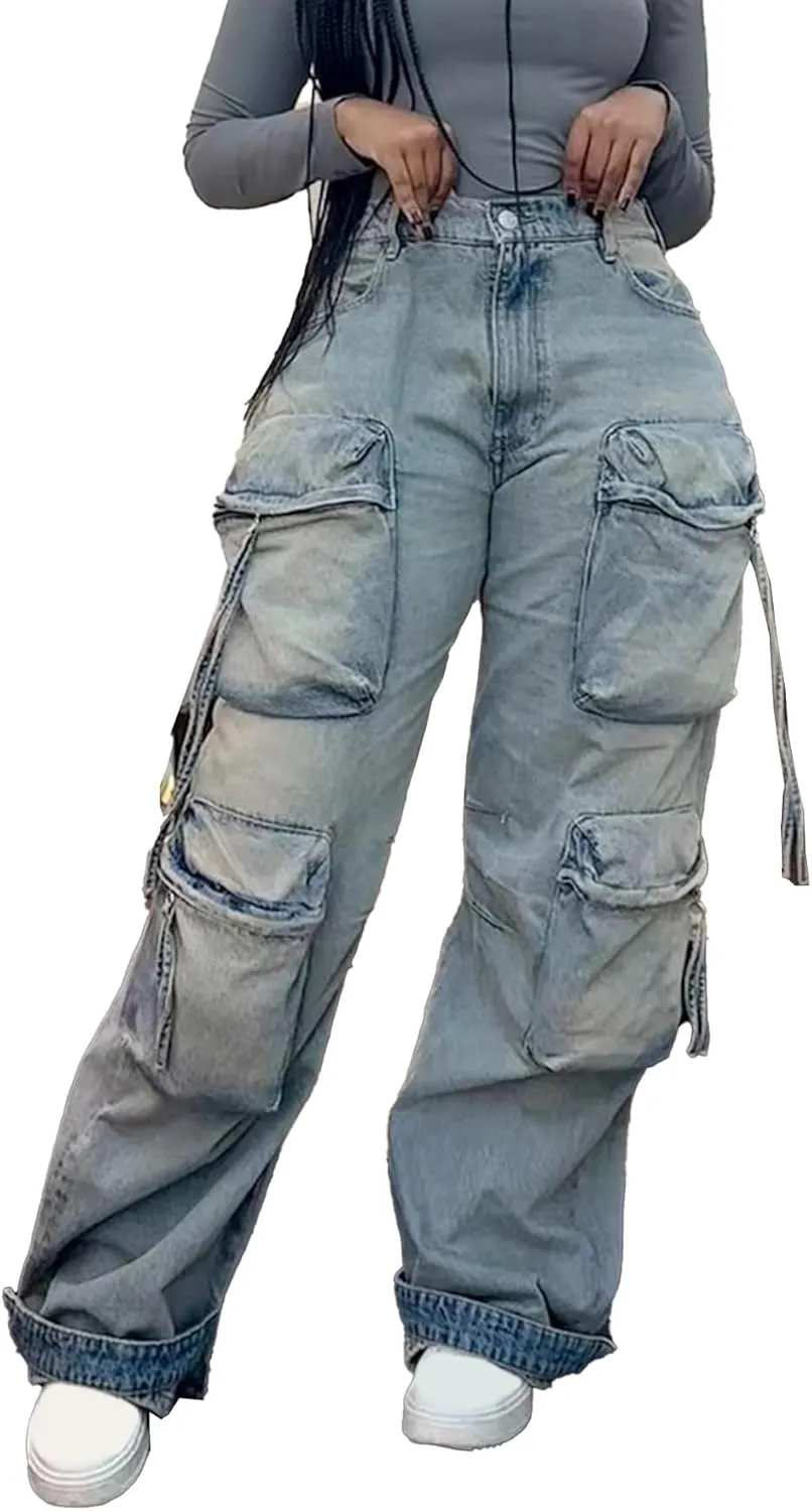 LAJIOJIO Baggy Cargo Jeans Women Y2K Distressed High Waisted Wide Straight Leg Denim Pants Trousers Streetwear