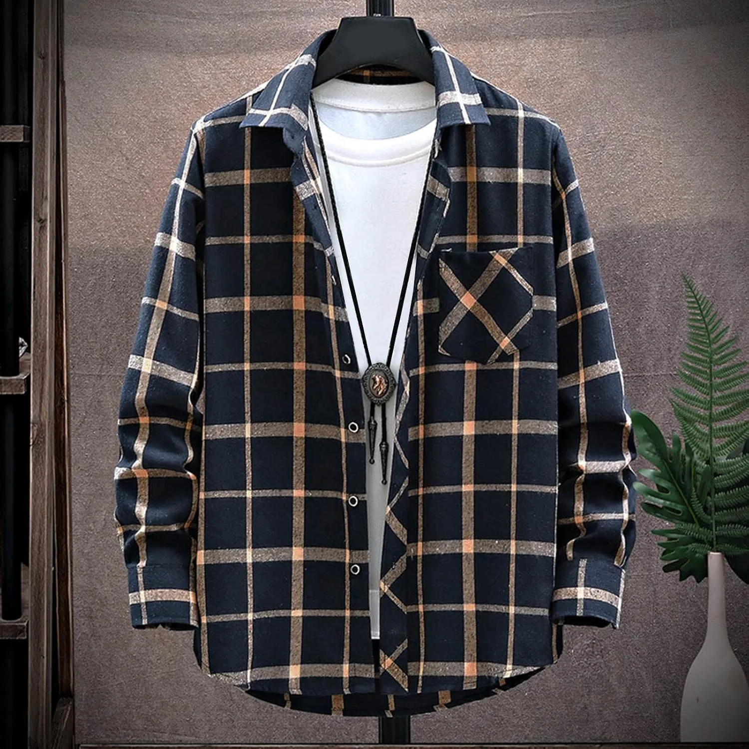 LCMTWX Men's Fleece Flannel Jackets Square Printing Lightweight Breathable Long Sleeve Lapel Formal Heavy Warm Fleece