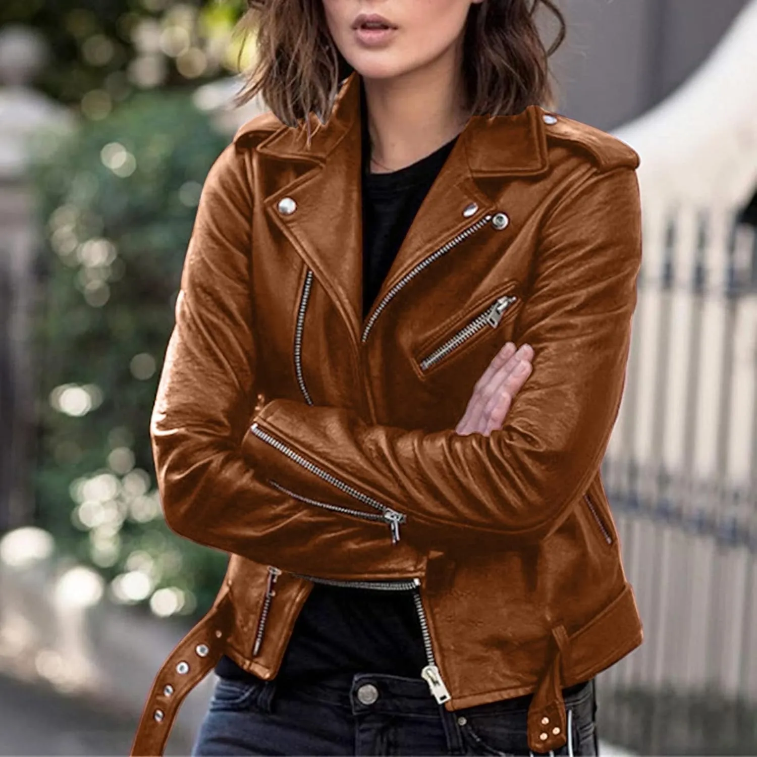 LCMTWX Women Jackets Belt Motorcycle Stand Zip Tops Slim Jacket Coat Collar Leather Women's Coat Jacket Women Womens
