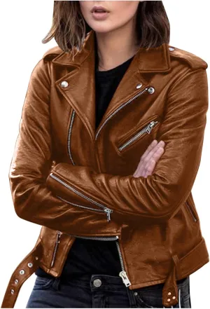 LCMTWX Women Jackets Belt Motorcycle Stand Zip Tops Slim Jacket Coat Collar Leather Women's Coat Jacket Women Womens