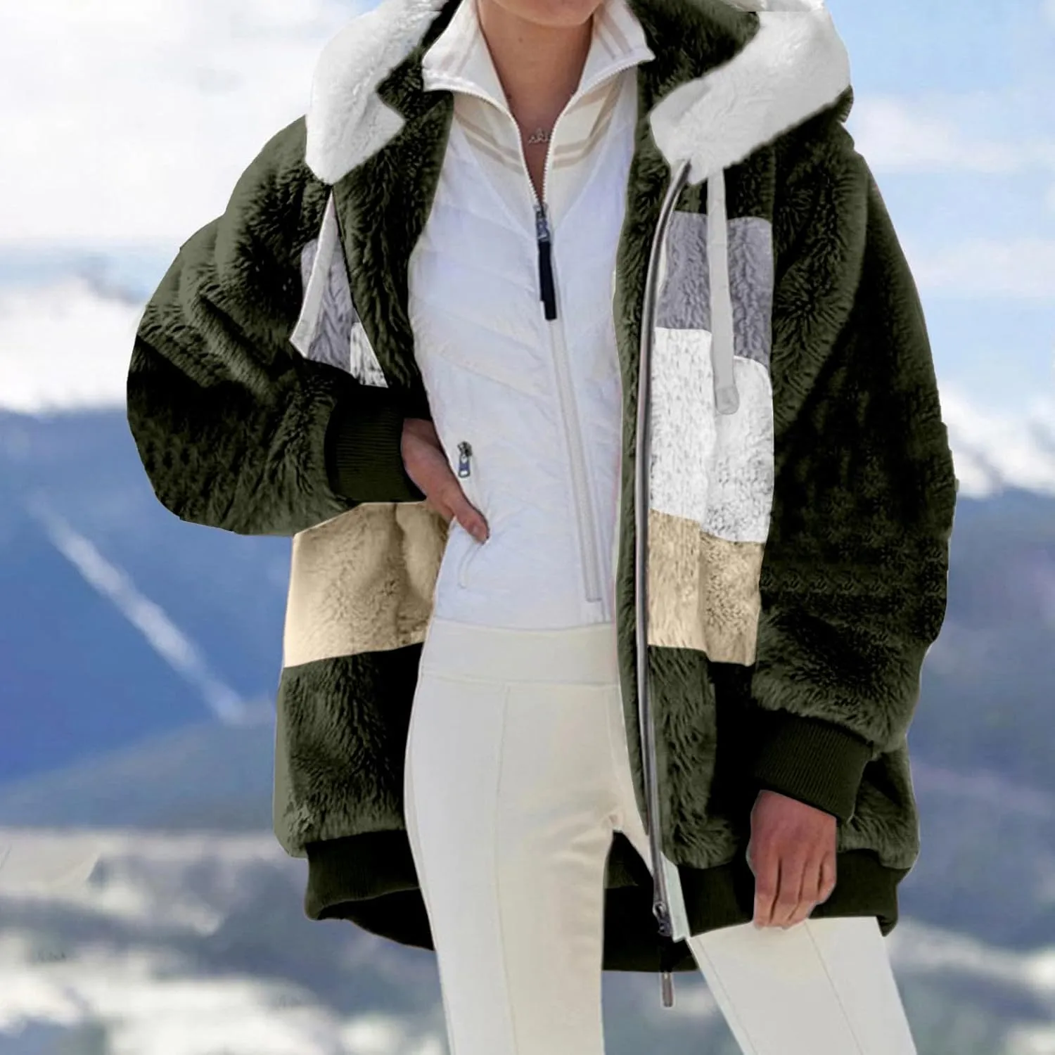 LCMTWX Womens 2023 Winter Fuzzy Fleece Jacket Hooded Pullover Warm Wool Plush Coat Zipper Solid Oversized Fuzzy Fleece