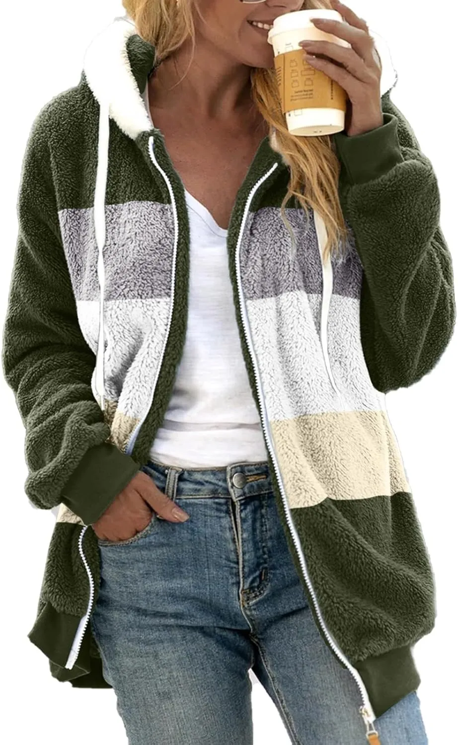 LCMTWX Womens 2023 Winter Fuzzy Fleece Jacket Hooded Pullover Warm Wool Plush Coat Zipper Solid Oversized Fuzzy Fleece