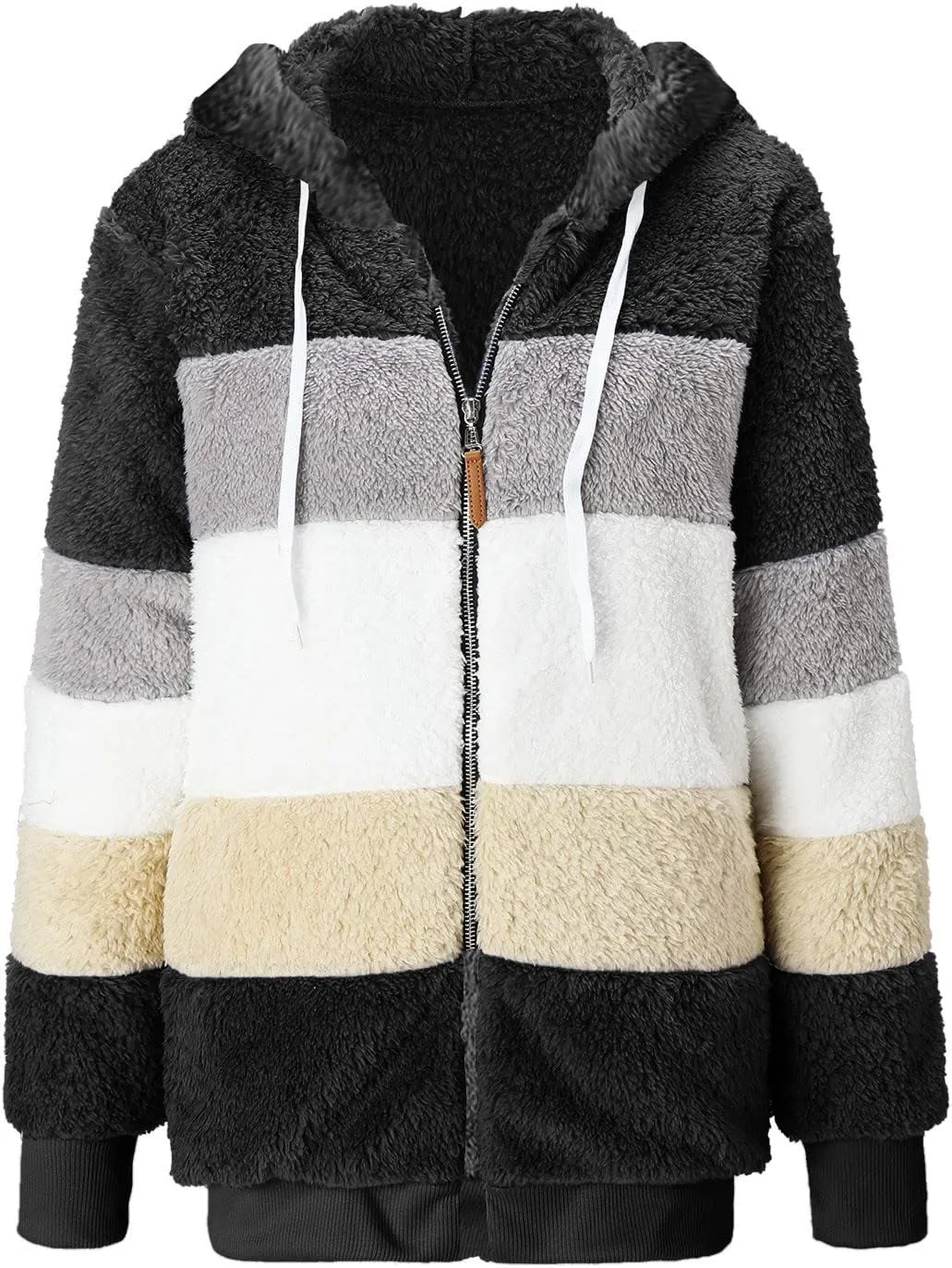 LCMTWX Womens Winter Fuzzy Fleece Jacket Color Artificial Wool Zipper Drawstring Long-Sleeved Hoodie Sweater Coats for De