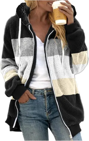 LCMTWX Womens Winter Fuzzy Fleece Jacket Color Artificial Wool Zipper Drawstring Long-Sleeved Hoodie Sweater Coats for De