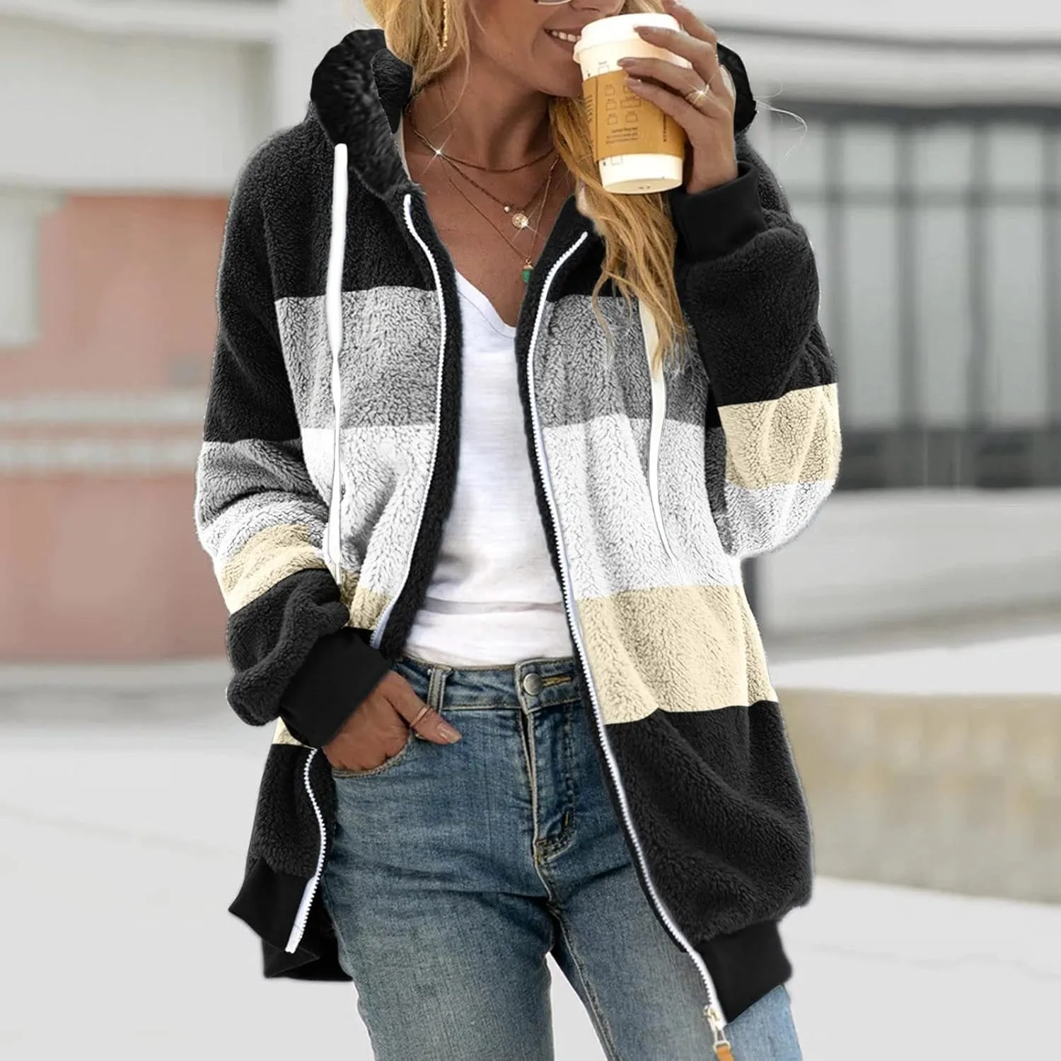 LCMTWX Womens Winter Fuzzy Fleece Jacket Color Artificial Wool Zipper Drawstring Long-Sleeved Hoodie Sweater Coats for De