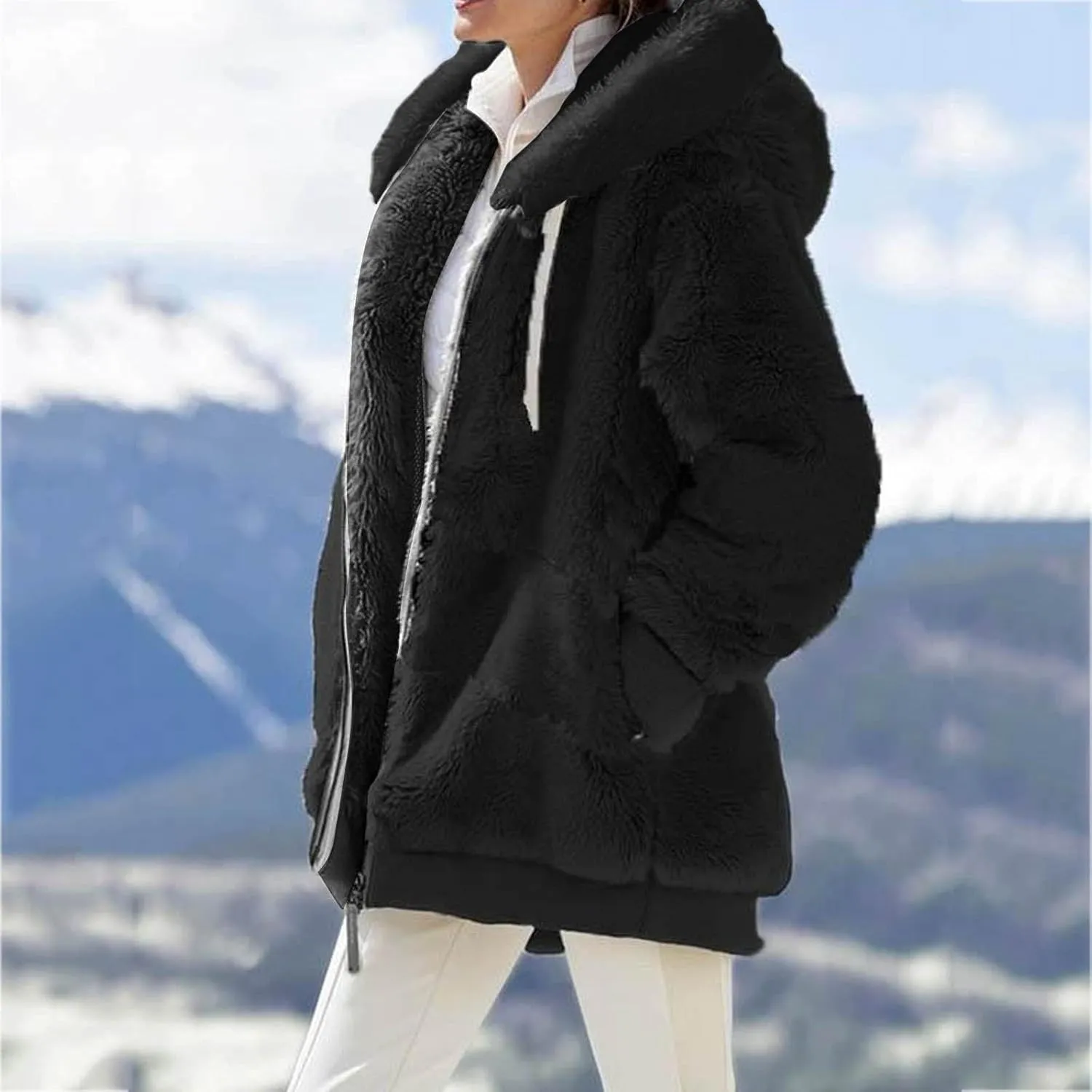 LCMTWX Womens Winter Jacket Coats Solid Color Artificial Wool Zipper Drawstring Long-Sleeved Thermal Sweatshirt Outerwear